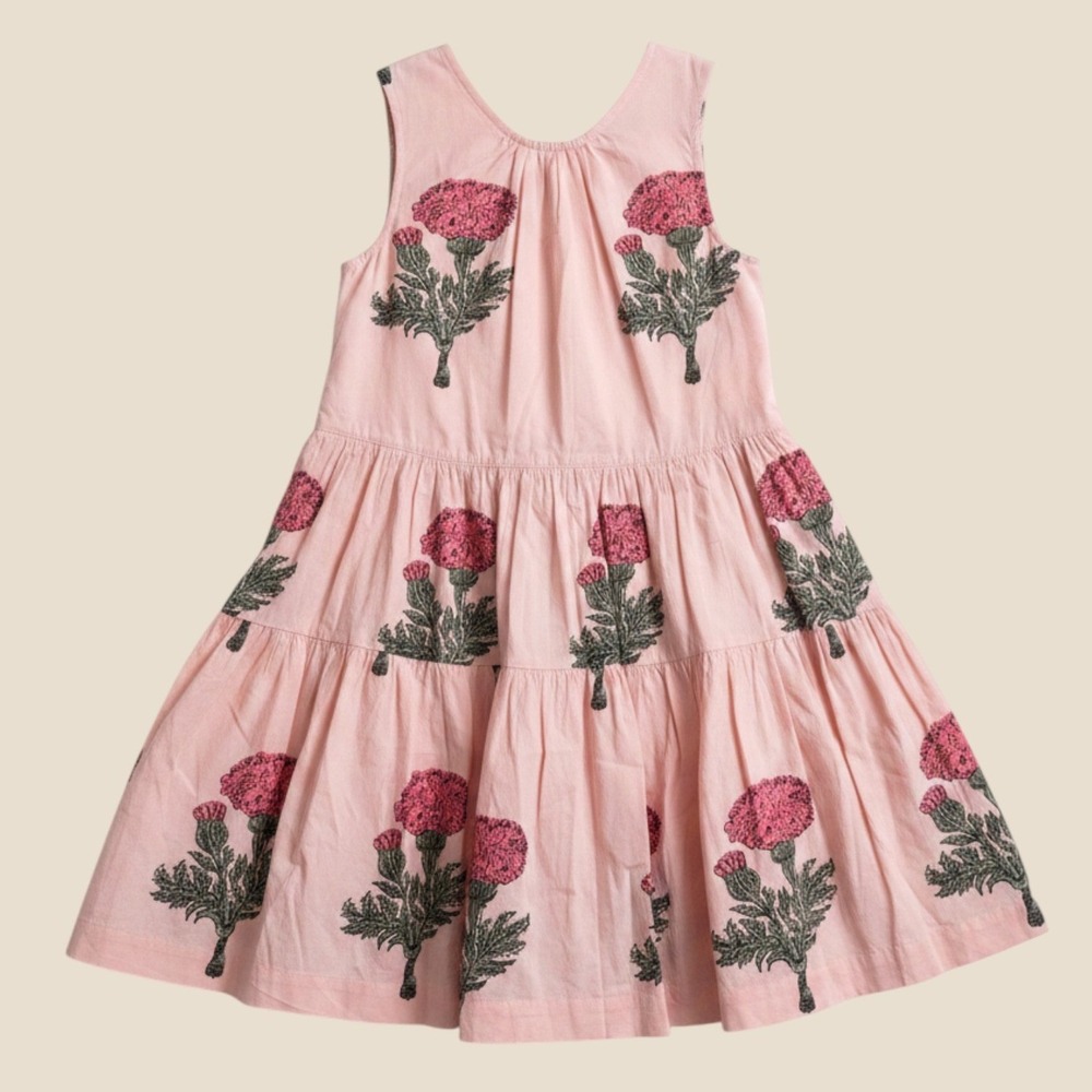 Pink Chicken Girls Pink Thistle Block Print Tiered Cotton Bow Back Dress 10Y NEW